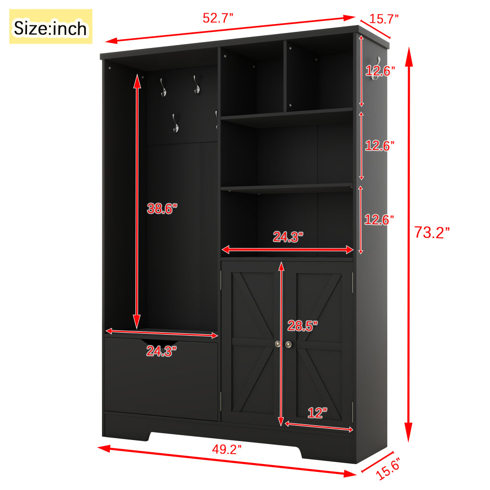 Multi-functional Hall Tree with Storage Shelves Drawers and Cabinet, Elegant Hallway Shoe Cabinet with Bench, Modern Coat Rack with Hooks for Hallway Entryways, Black
