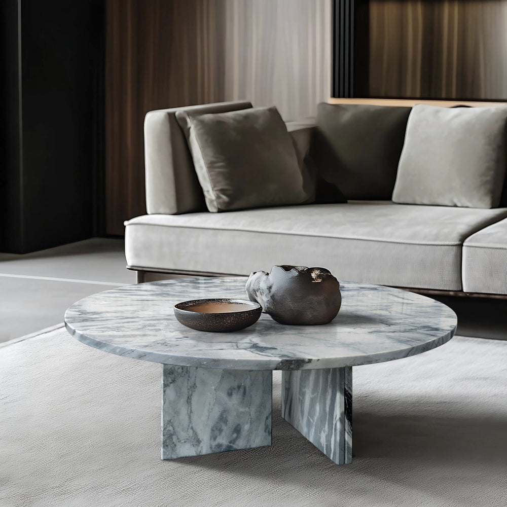 Blue gray natural marble coffee table, small table, living room table, natural stone, Ø27.6 h12.6 Inch/Ø70 h32 cm, genuine marble, real marble