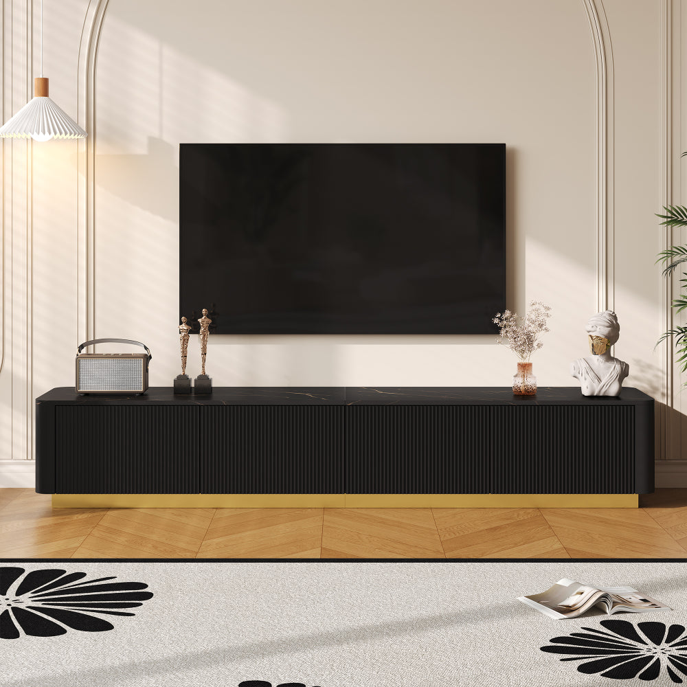 ON-TREND TV Stand with Fluted tempered Glass Doors for TVs Up to 95'', Functional Media Console with Arched Cabinet Doors, Entertainment Center with APP-Controlled LED Light for Living Room, Black