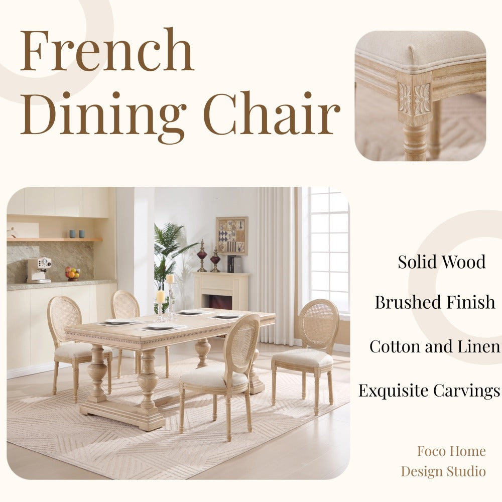 French Country Dining Chairs Set of 2, Upholstered  Chairs with Nature Rattan Round Back, Wire drawing and carving techniques ,Disassemblable ,  for Living Room, Kitchen , Restaurant Use,Beige