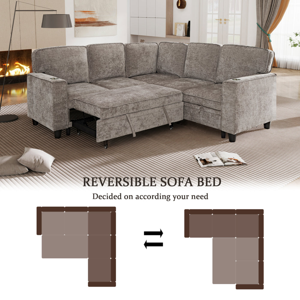 L-Shaped Sofa with Pull Out Sofa Bed, Sleeper Sofa Couch Bed with Storage Seat, 5 Seat Sectional Sofa Bed with USB, Sectional Sofa Couch for Living Room, Apartment, Light Brown