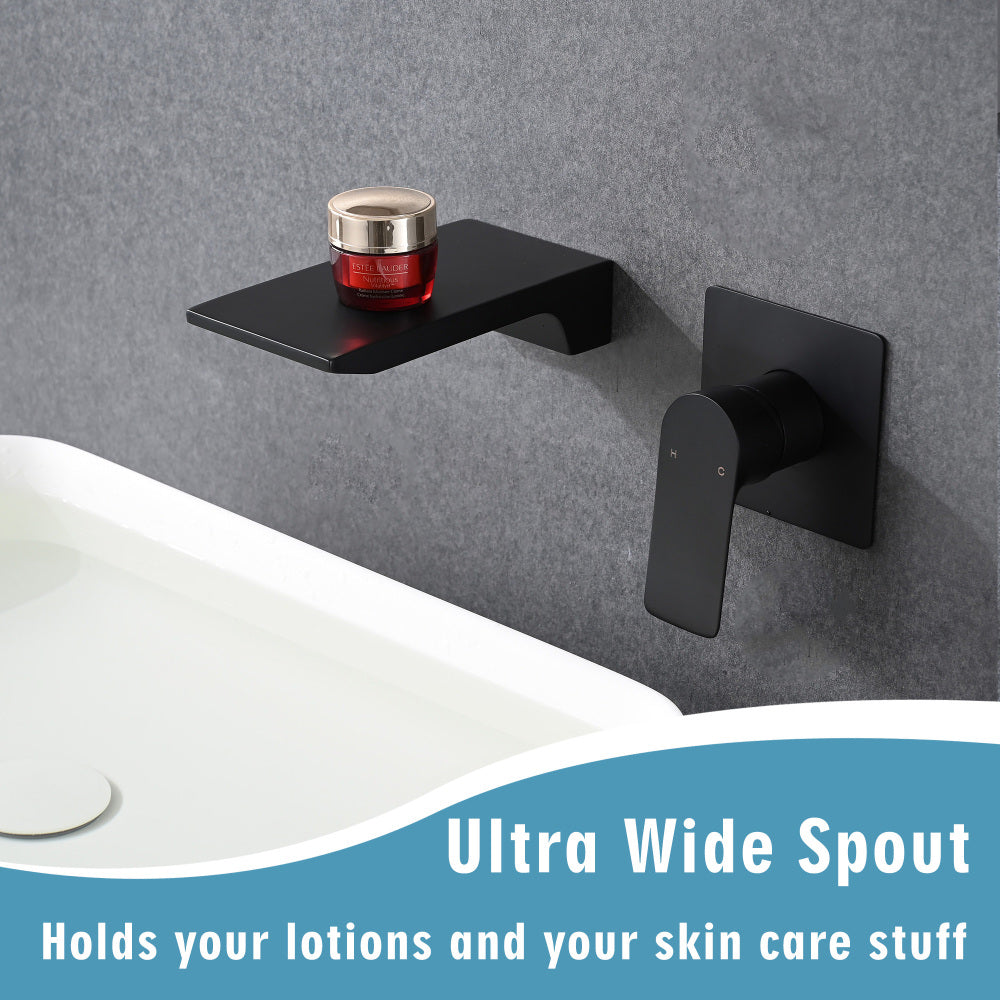 Matte Balck Wall Mount Bathroom Sink Faucet, Single Handle Bathtub Faucet with Waterfall Spout Brass Rough-in Valve Included