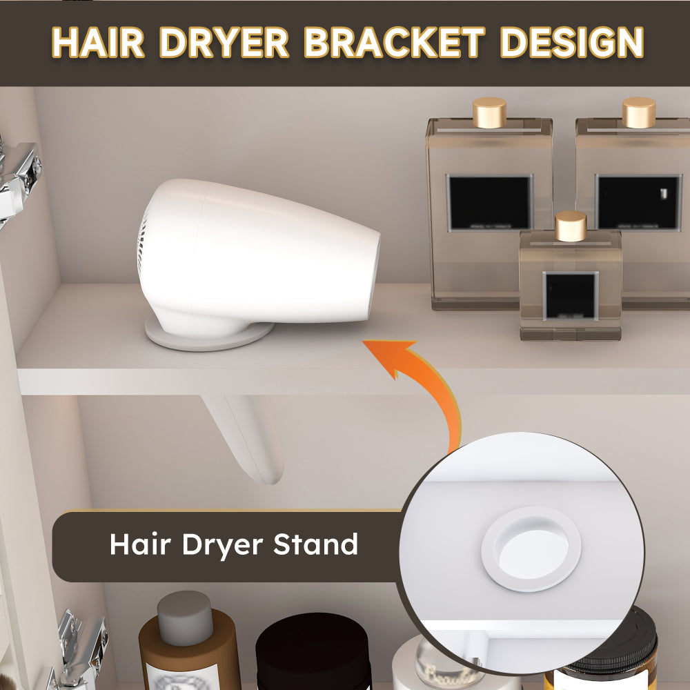Aluminium Medicine Cabinet Mirror, 35 x 28 Inches Medicine Cabinet with 3 Colors LED Light and Defogging Function, Bathroom Mirror Cabinet with Cosmetic Storage Rack and Hair Dryer Holder, White