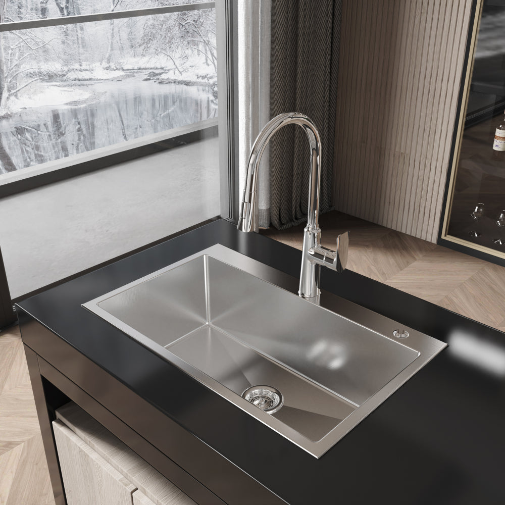 Stainless Steel Kitchen Sink, 30″x19″ Single Bowl, Overmount Handmade Sink in Brushed Nickel, with US Standard Drain and Hook, LS-SSBR04