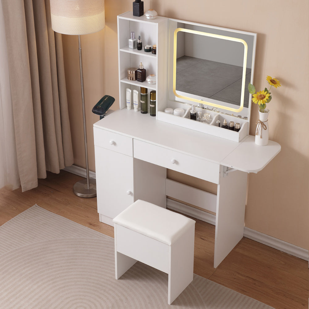 Vanity Desk with Lighted Mirror & Power Outlet, Makeup Vanity Desk with Drawers and Large Storage Cabinet  for Bedroom, 3 Lighting Modes Adjustable Brightness, Storage Stool, White