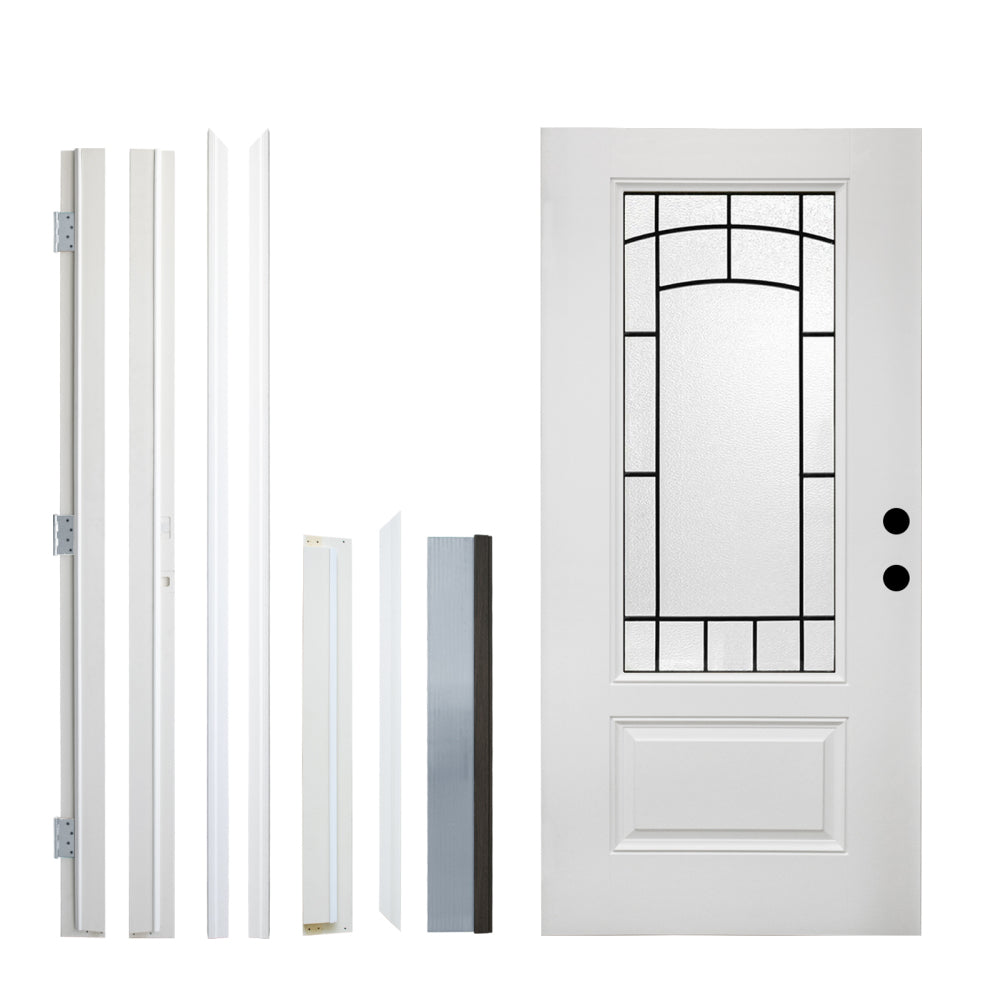 36 x 80 Smooth Fiberglass Entry Door with Brickmould,3/4 View Frosted Glass - Classic Style for Home's Front Entrance, Vinyl Frame, Left Hand Inswing,White Primed Knock-Down Door New Packaging