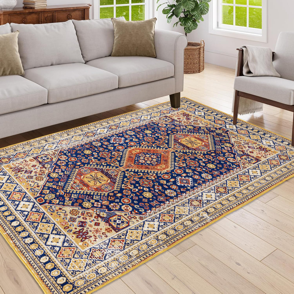 Area Rug 5x7 Vintage Bohemia Large Persian Non-slip Washable Rug For Living Room Kitchen Bedroom Living Room Abstract Geometrical Blue/ Yellow