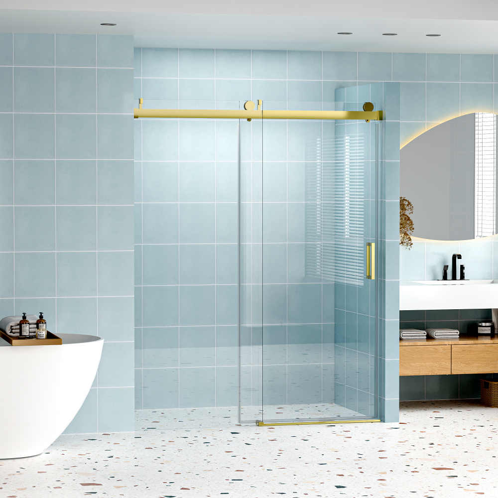 56" - 60" W x 76" H Frameless Soft-closing Single Sliding Shower Door, 1/4" (6mm) Tempered Glass with Explosion-proof Coating via Express Delivery, Gold 24D01-60GX