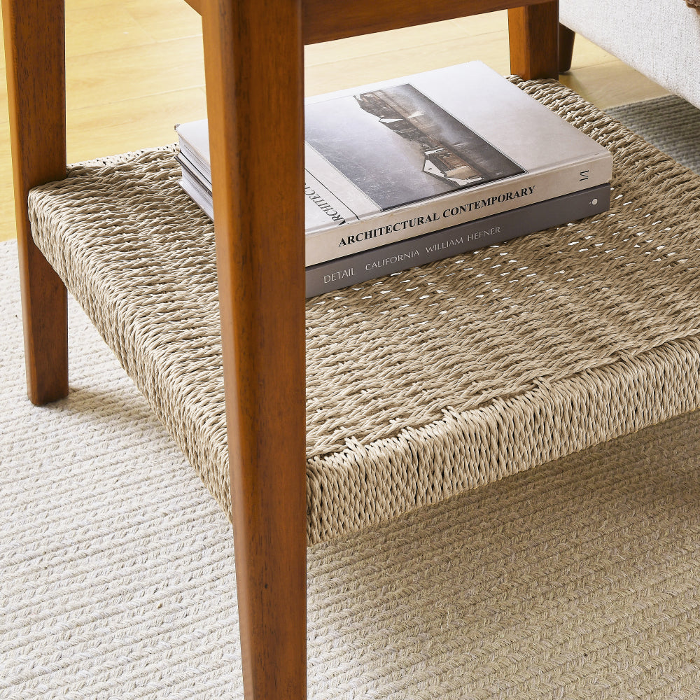 23" Mid-Century Side Table with Woven Shelf, Boho Side Table with Storage, Bedside Tables, Small Side Table for Living Room Couch Patio Home Office