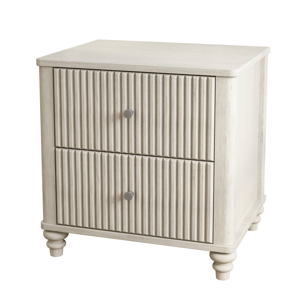 Fluted Nightstand, 21.65" Wide Side Table with 3 Drawers, Mid Century Modern Wood NightStand with Metal Handle, Wooden Bedside End Table for Bedroom, Living Room, Closet, Beige