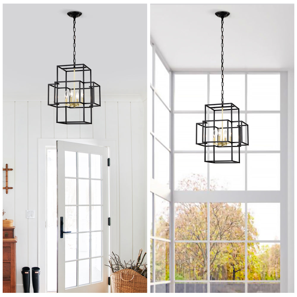 4-Light Metal Lantern Tiered Pendant Hanging Light Fixtures, Industrial Farmhouse Adjustable Height  Chandeliers for Dining Room Hallway Foyer Entryway--Matte Black & Gold (E12 Bulbs Not Included)