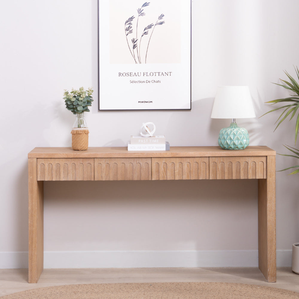 Rustic Wooden Console Table with Drawer – Minimalist Design, Ribbed Texture, and Natural Finish