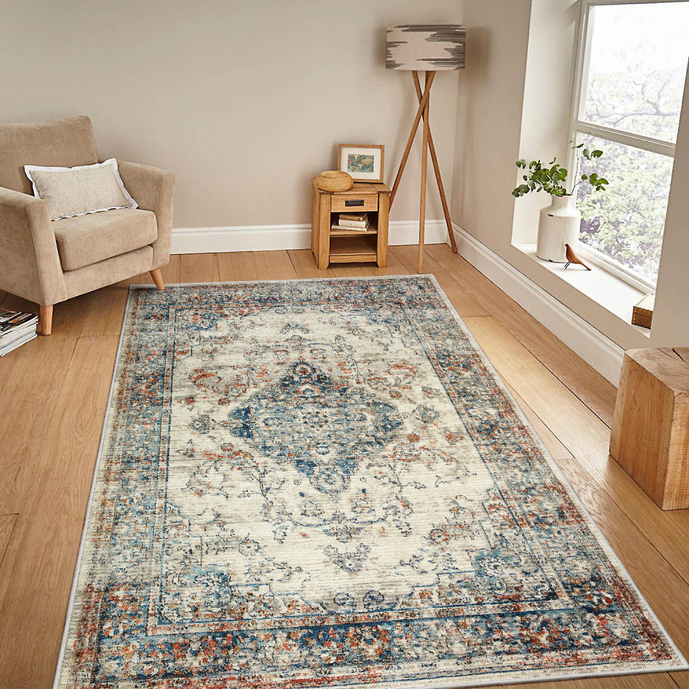 Area Rug 5x7 Vintage Bohemia Large Persian Non-slip Washable Rug For Living Room Kitchen Bedroom Living Room Flower Design Blue/Yellow