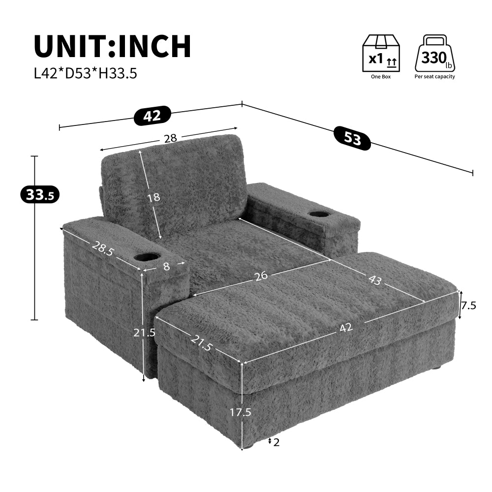 [Video]42" Oversized Chaise Lounge Indoor,Faux Rabbit Fur Sofa Bed with Storage Ottoman and Armrests,Cup Holders,Upholstered Sleeper Chair,Reading Couch with Deep Seat for Living Room,Bedroom,4 Colors