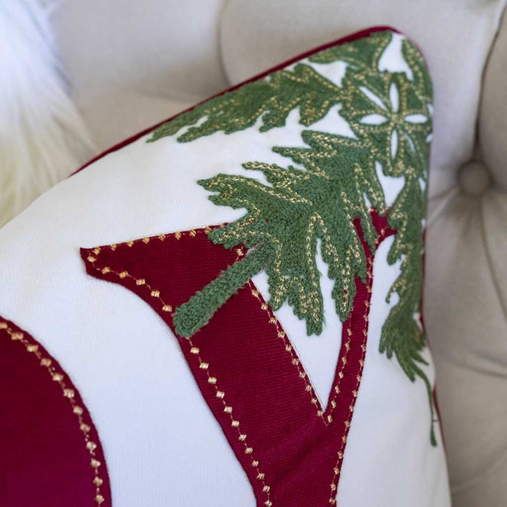 JOY Embroidered Christmas Throw Pillow – 14x20" Velvet Lumbar Cushion in Red and White with Green Holiday Accents