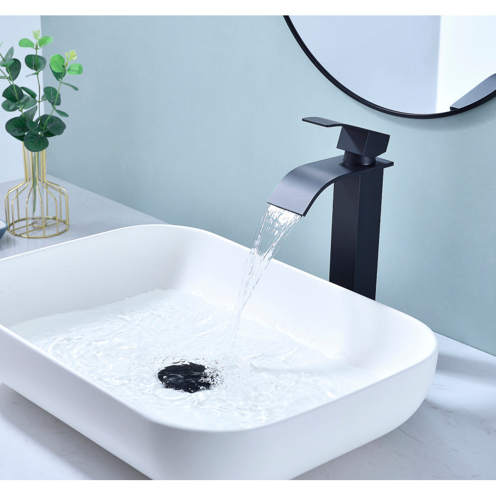 Waterfall Spout Bathroom Sink Single Handle Faucet with Pop-Up Drain (No Overflow)