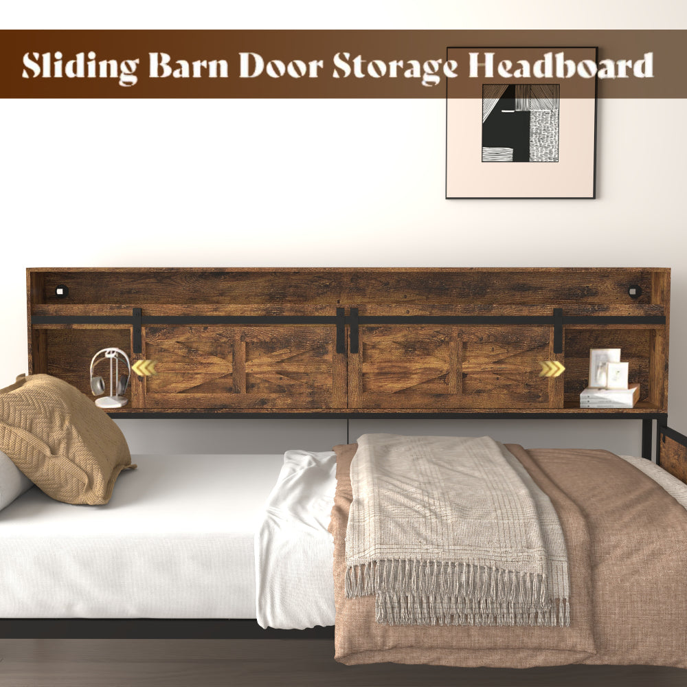 Twin Daybed with Trundle, Farmhouse Daybed Frame with Sliding Barn Door Headboard and Charging Station & LED Light for Bedroom and Guest Room, Rustic Brown