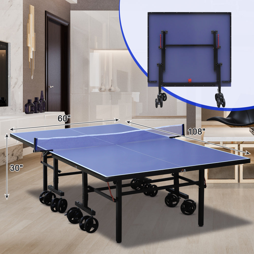 DOUBLE FISH Blue Folding Rolling 9×5 FT Table Tennis Table Indoor And Outdoor Table Tennis Table, 2 Rackets, 3 Balls, 1 Net And 8 Wheels Set Behind It For Easy Movement