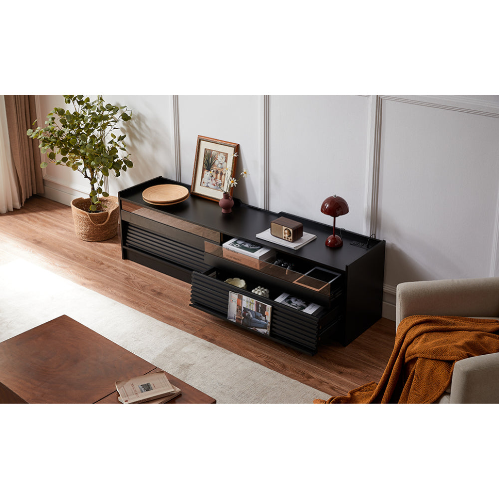 Mirod Modern TV Stand with Ample Storage,4 Drawer Design with Tempered Glass ,Built-in Charging Ports and Ambient LED Lighting ,Versatile for Any Decor Style