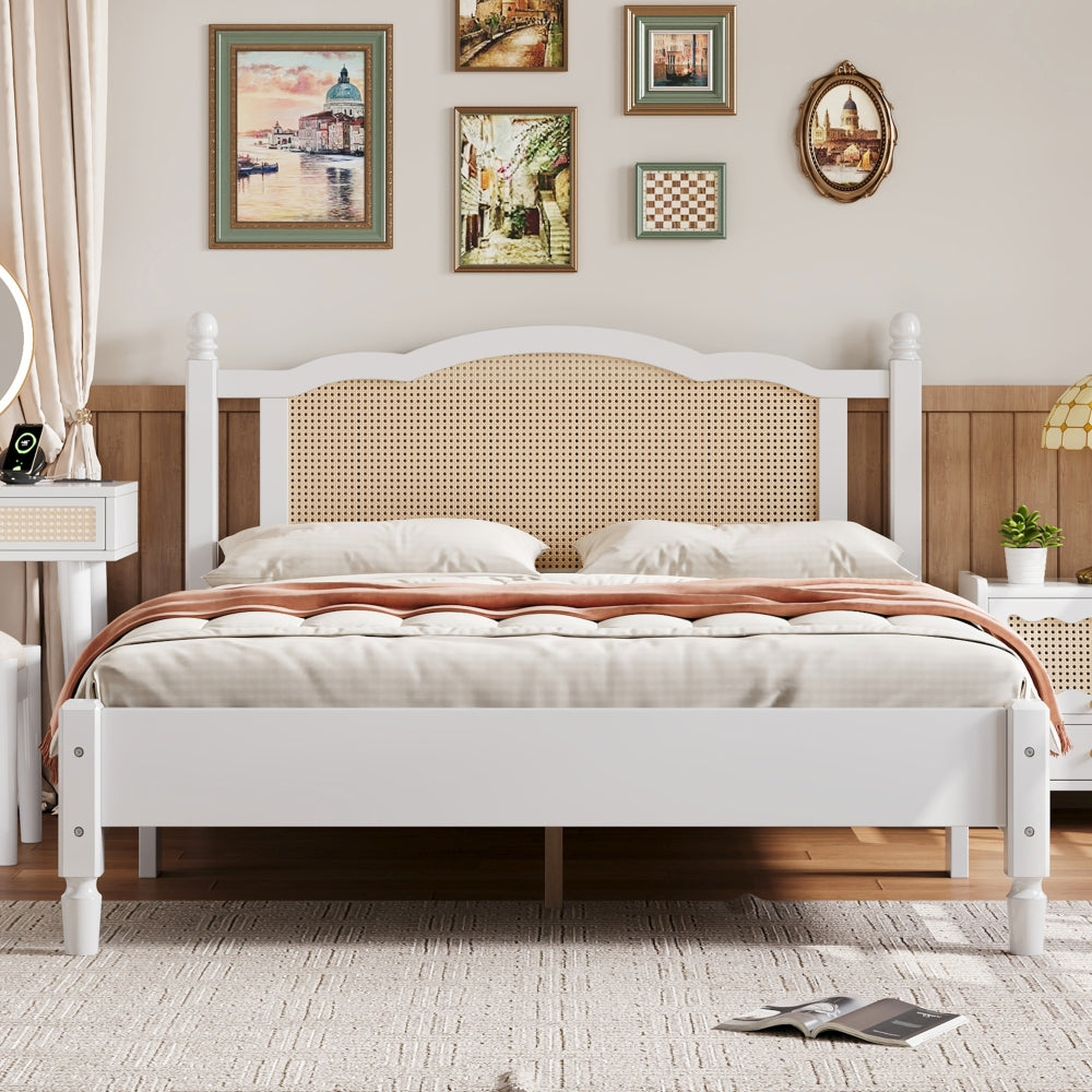 3 Pieces Bedroom Set with Queen Size Wooden Bed Frame, 1 Vintage  Nightstand and 1 Makeup Vanity Set with Stool,Black