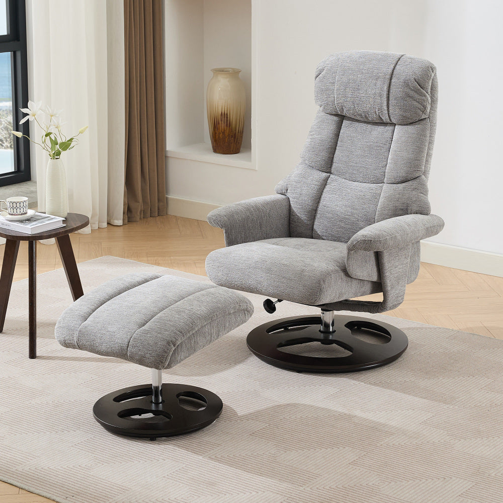 010-Ergonomic Recliner Chair with Ottoman, Modern 360° Swivel Lounge Chair with Footstool, Chenille Fabric, 5 Point Vibration Massage, Seat Heating & 140° Adjustable Backrest for Home or Office, White