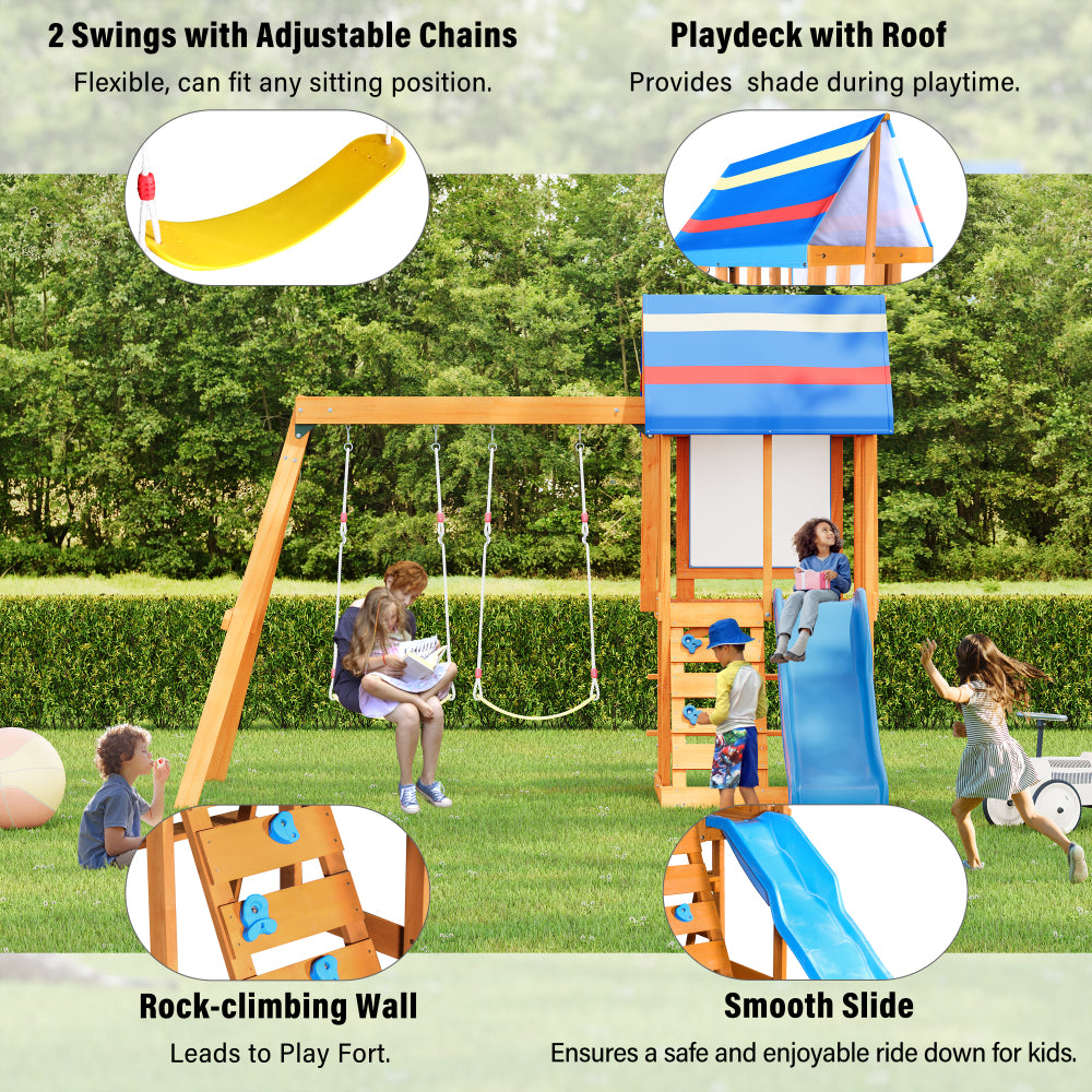 Wooden Outdoor Swing Set 3 in 1 Swing Set outdoor Children's Playset with Slide , 2 Swings and Climber for Garden, Backyard and Playground, Blue
