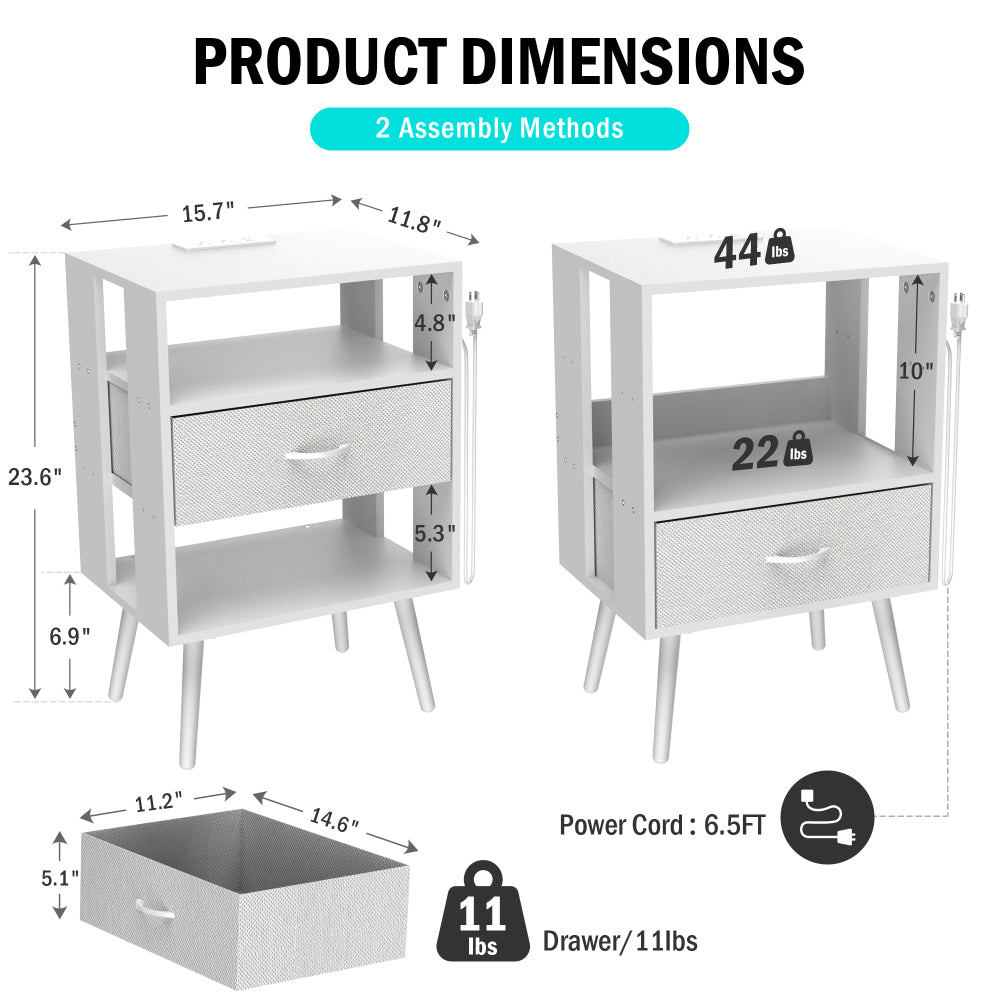 2 Pack Modern Nightstand with Charging Station, Bedside Tables with LED Light and Fabric Drawers