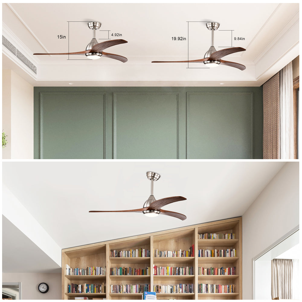 (Same SKU W1592P176970) 52" Solid Wood Blades Ceiling Fan With Light with Remote Control, Noiseless Reversible Motor, 6 Speed ,3 Color , for Patio Living Room, Bedroom, Indoor.(Stain nickel + Walnut )