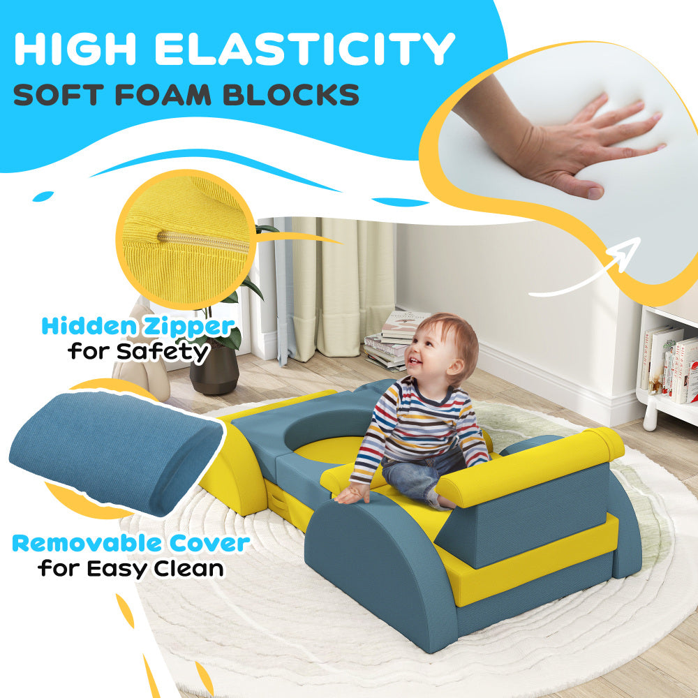 Qaba Modular Kids Play Couch, 14 Piece Kids Couch, Child Sectional Sofa for Playing, Sitting & Sleeping, Convertible Foam Floor Cushions for Boys & Girls, Yellow