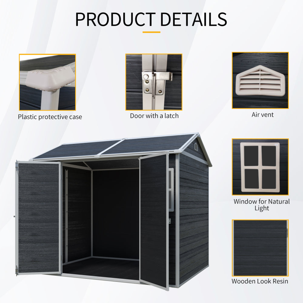 8 x 6ft  Resin Outdoor Storage Shed Waterproof Shed with Floor & Two Windows & Lockable Door, Tool Shed for Garden, Patio, Backyard ,Black