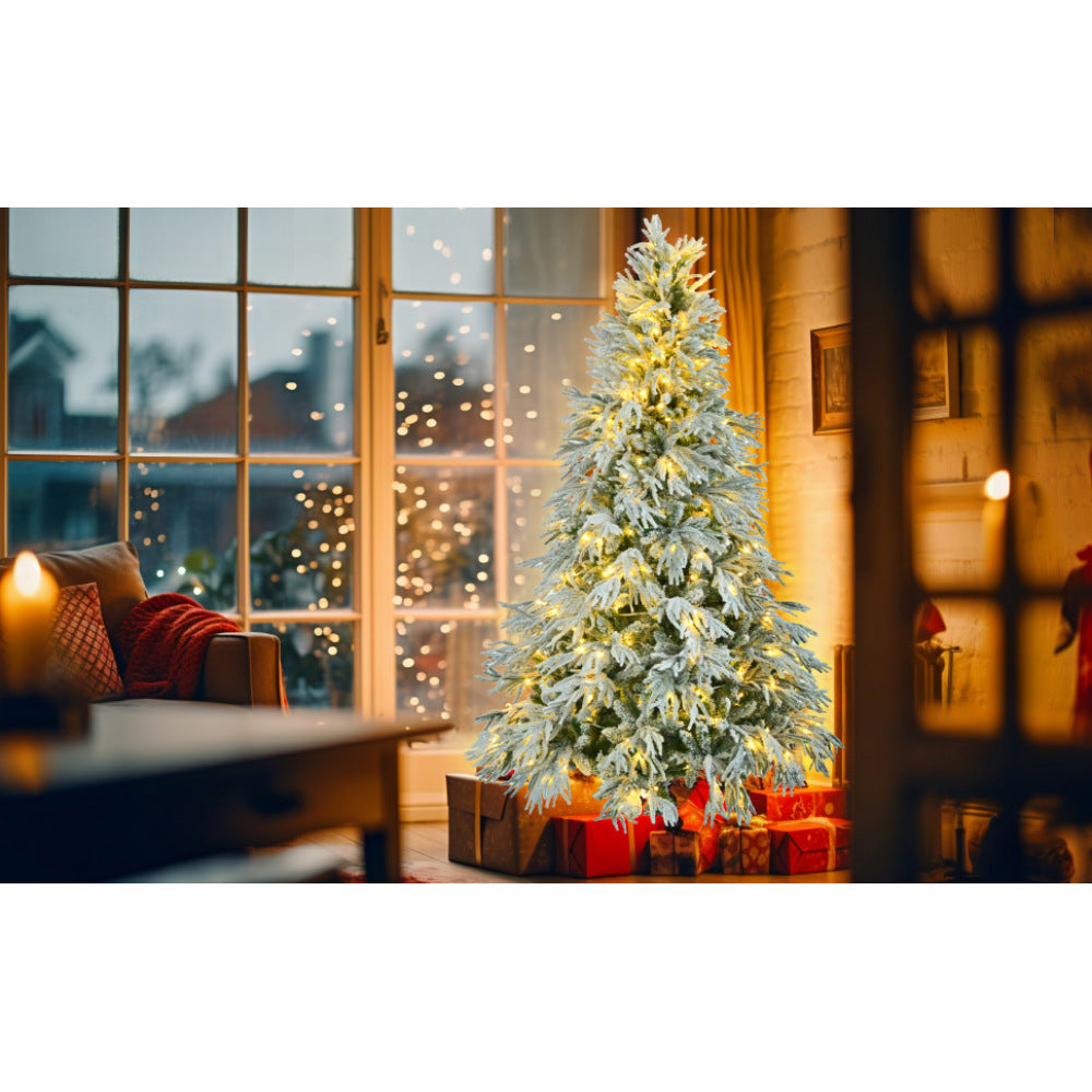 6FT Pre-Lit Spruce Snow Flocked Christmas Tree, Artificial Hinged Xmas Tree with 300 Multi-Color LED Lights, 8 Flashing Modes &790 Snow Branch Tips, Holiday Office Home Décor