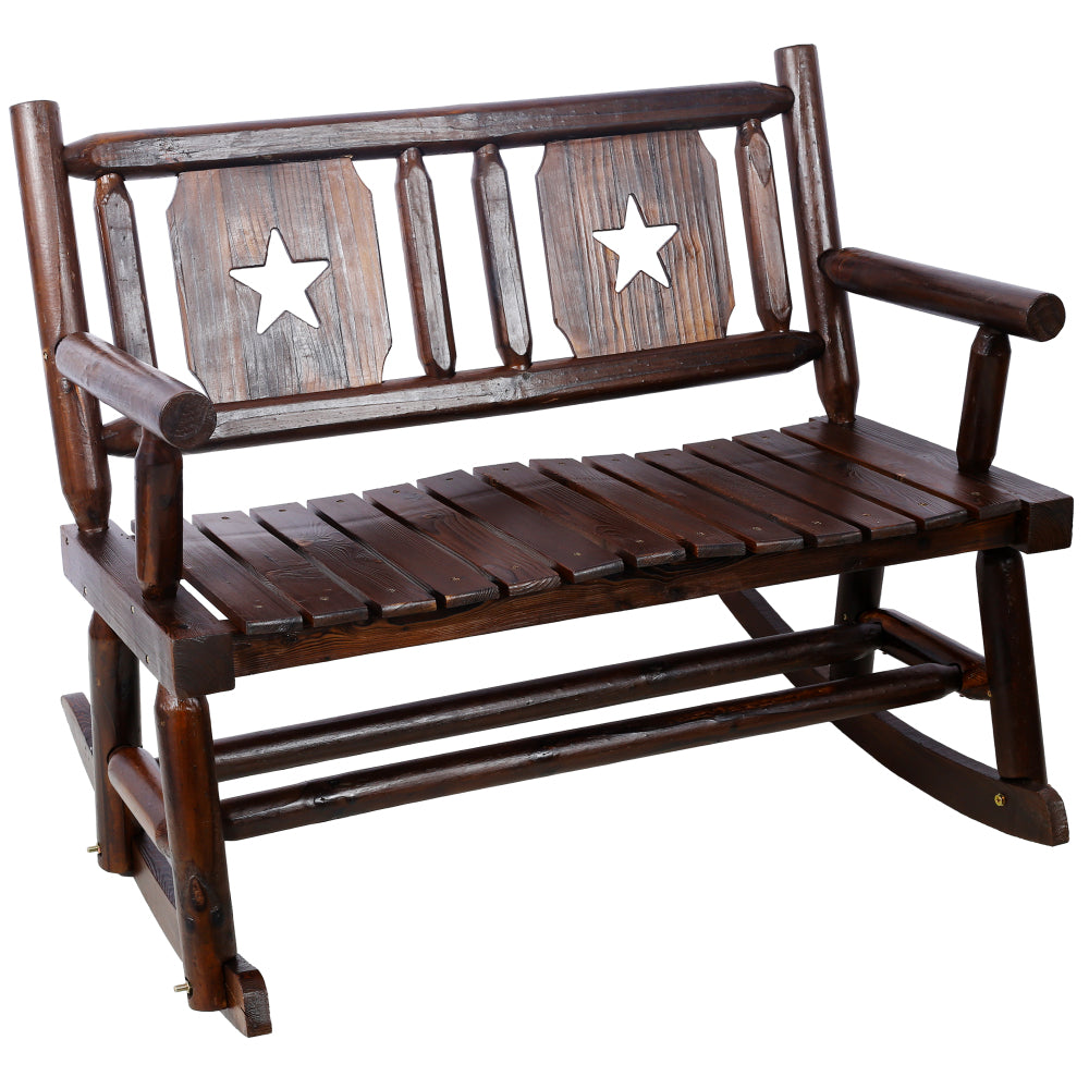 Outdoor Wood Rocking Bench Carbonized Double Rocking Chair for 2 Persons with Wide Curved Seat, Porch Rocker for Porch, Garden, Backyard,  Rustic Brown