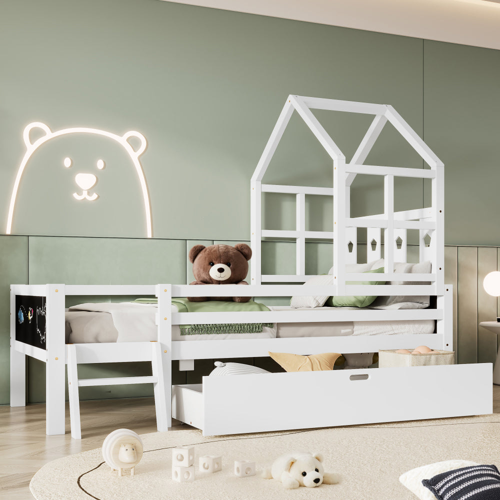 Twin Size House Bed with Ladder and Storage Drawers for Kid Bedroom,Solid Wood Platfrom Bedframe with 2 Blackboard Design, No Box Spring Needed, White