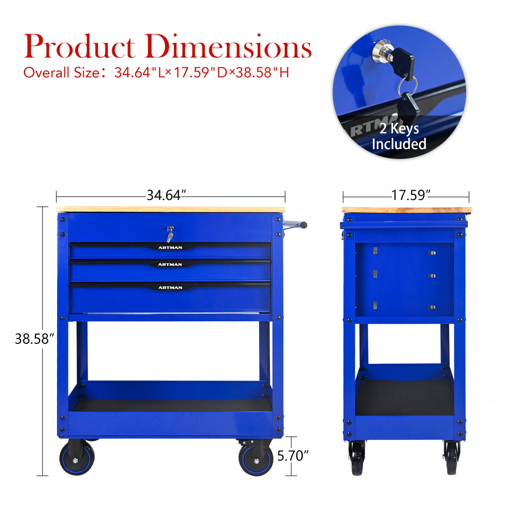 3 DRAWERS MULTIFUNCTIONAL TOOL CART WITH WHEELS AND WOODEN TOP-Blue