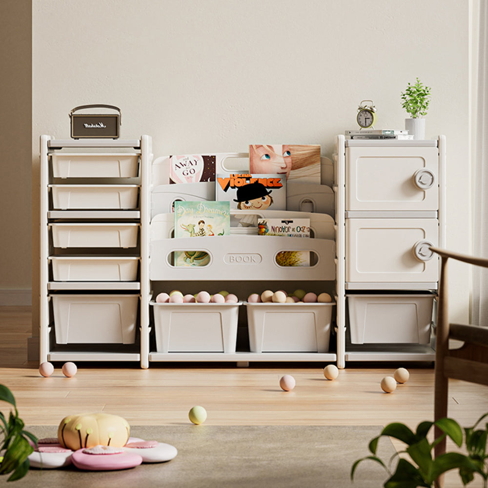 Kids Toy Storage Organizer 8 storage cabinet Removable Toy Bins, 4-Tier Book organizers Storage and 2 cabinet storage, Kids Bookshelf and Toy Storage for Playroom, Bedroom, Kids Room