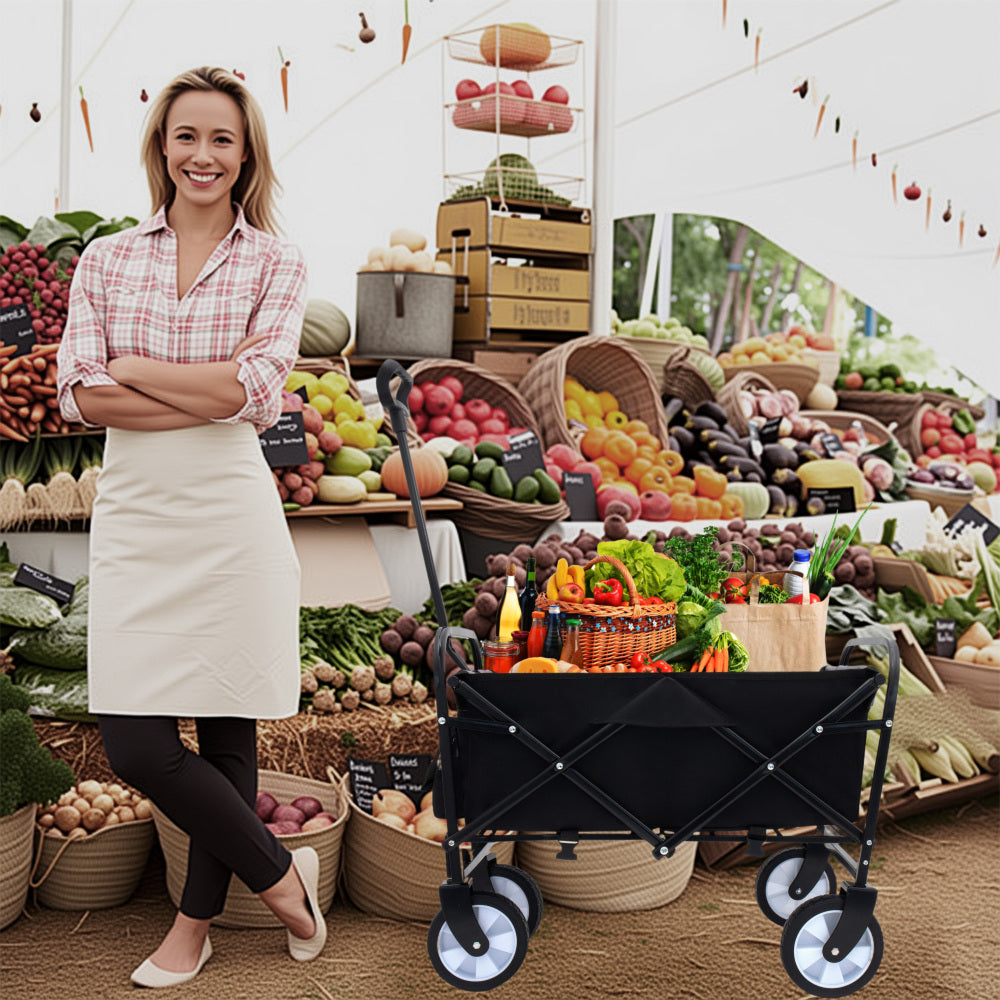 Minimeetall Strap Collapsible Foldable Wagon Cart with strapping system, Beach Wagon , Utility Cart , Utility Wagon Grocery Cart for Camping Shopping Sports Gardeing Fishing Supports 225lbs black