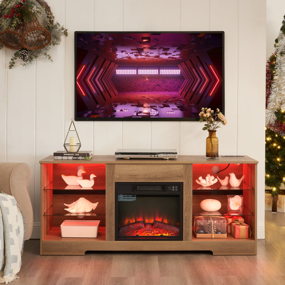 TV Stand Electric Fireplace TV Stand with Glass Shelves, 3D Fireplace TV Stand with LED Lights Wood with USB Charging Outlet Modern Television Table Center for TV up to 32-62" White 58''W*15.5''D*24.4