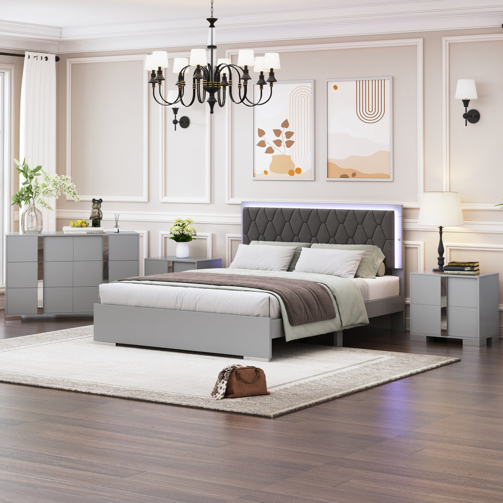 4-Pieces Bedroom Sets Queen Size Upholstered Bed with LED Lights, Mirrored Nightstands and Dresser with Metal Handles and Legs,Grey