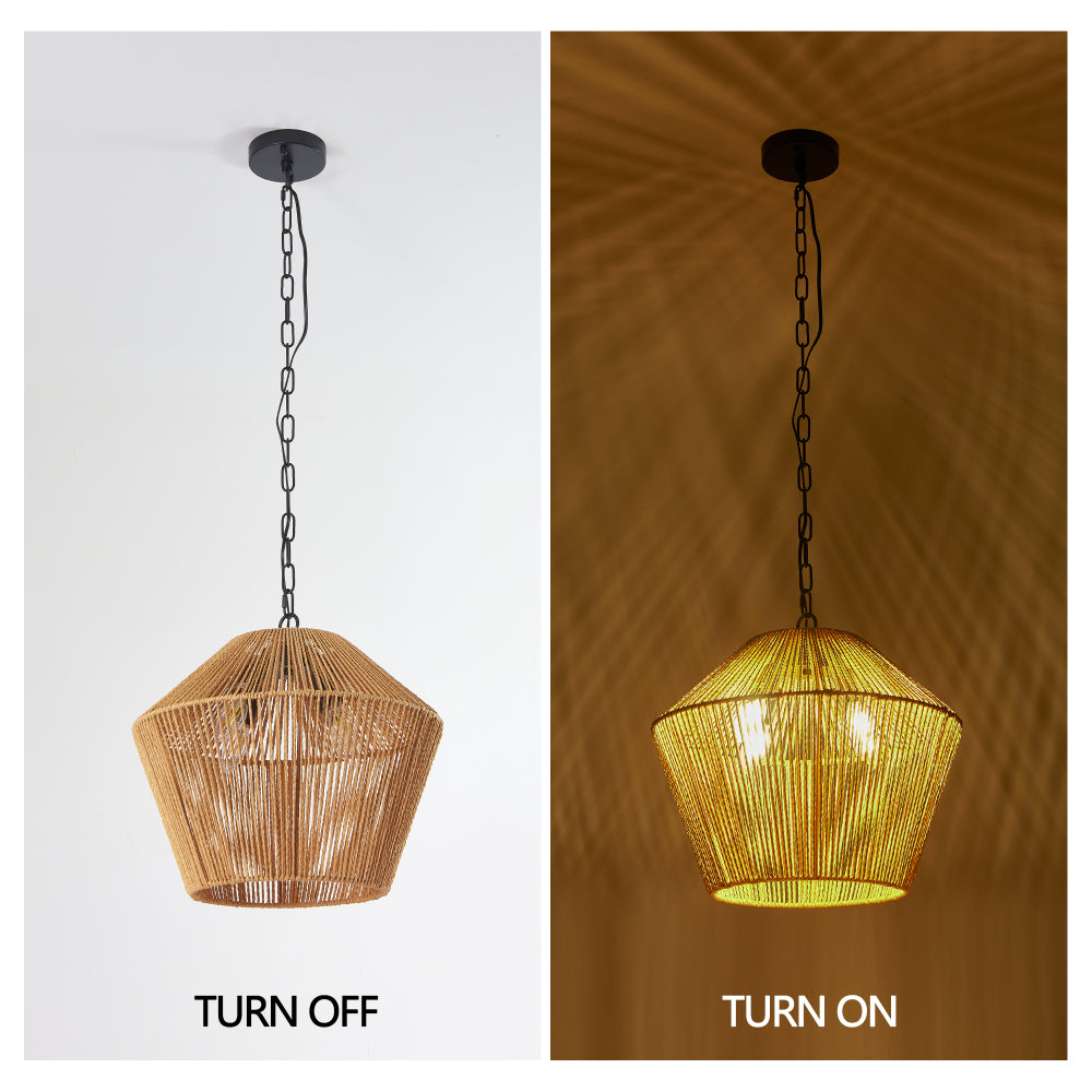 17" Boho Hemp Rope Pendant Light, Handcrafted Farmhouse Hanging Light Fixture for Kitchen Island, Dining Room, or Bedroom, Natural Finish, Adjustable Height (Bulb Not Included)