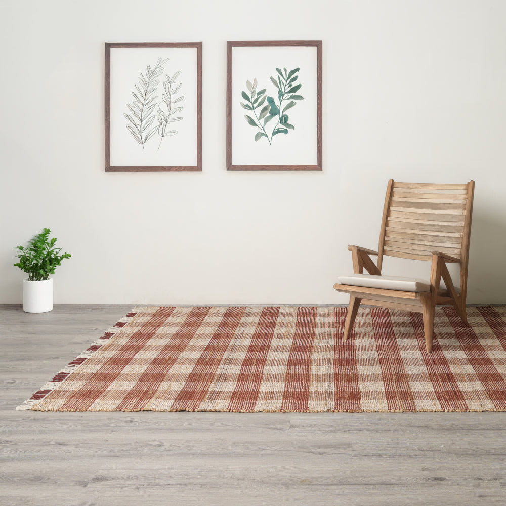 Artisan Hand Woven Jute & Cotton Brown Plaid Rug-5X7 ft