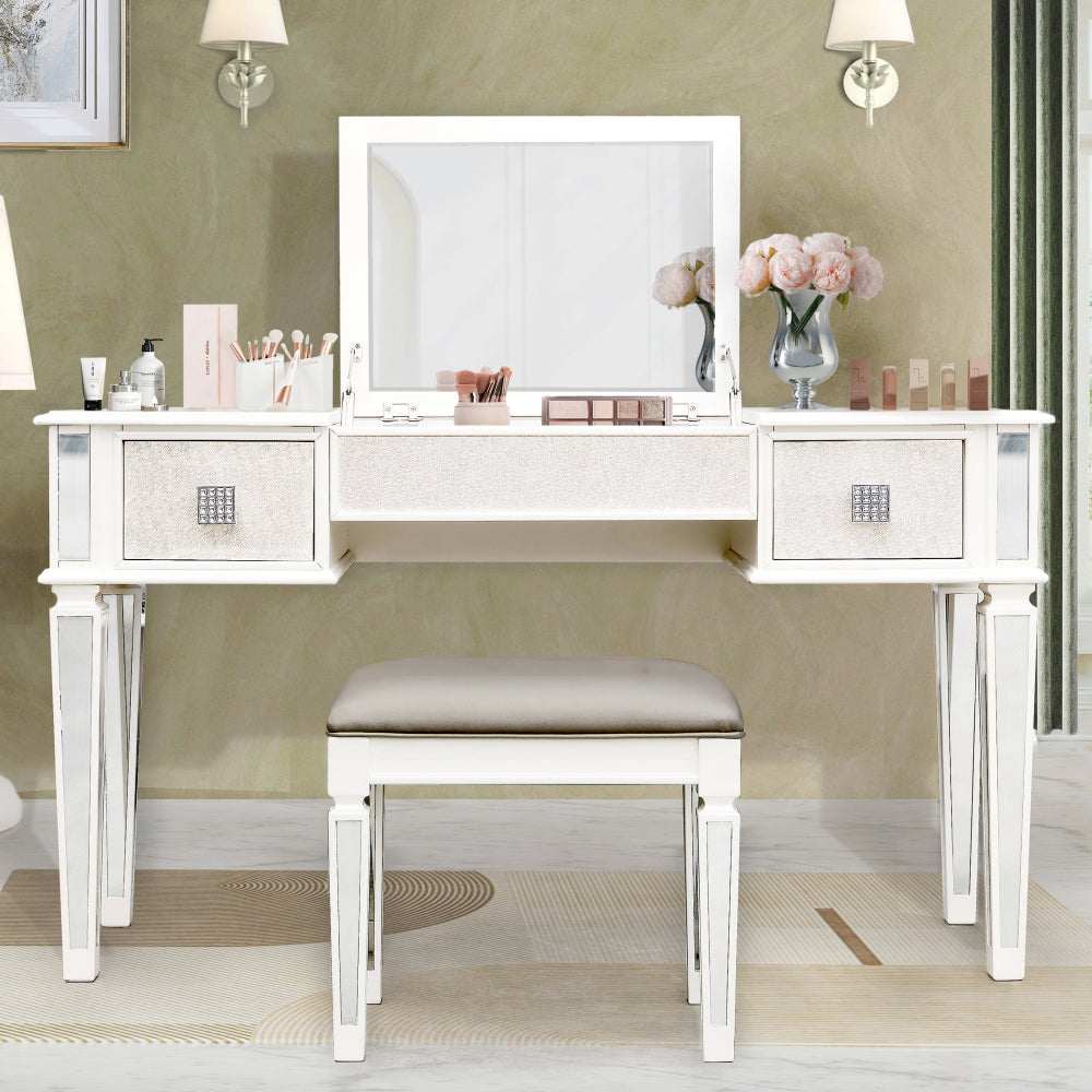 Mirrored Vanities Desk with Drawers, Bedroom Makeup Vanity Table Set with Mirror and Stool, Flip Up Dressing Table for Bedroom/Makeup Room, Working Desk for Women, Girl Furniture Combo