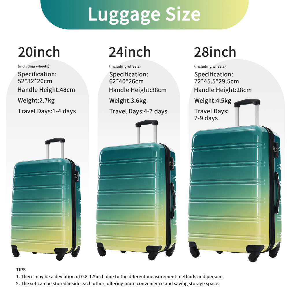 Hardshell Luggage Sets 3 Piece Gradient Color Expandable Suitcase with Spinner Wheels and TSA Lock Lightweight 20" 24" 28" Available,Green+Yellow