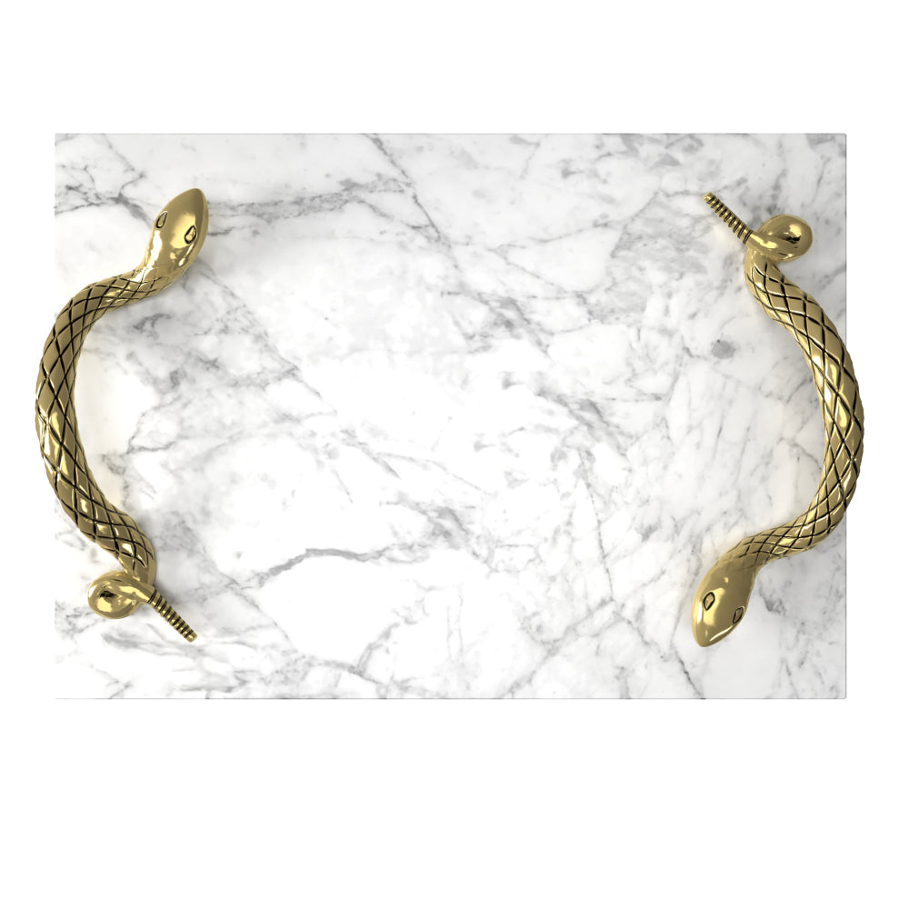 Mamba White Marble Decorative Serving Tray with Brass Snake Handles