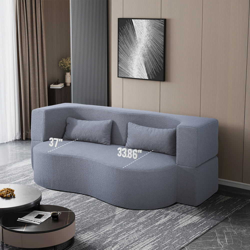 2-in-1 Convertible Sofa Bed, Full Size Folding Loveseat Couch with Soft Teddy Fabric, No Assembly Needed, Floor Sofa Mattress with 2 Pillows, Space-Saving Futon for Small Living Room, Dorm, RV,Grey