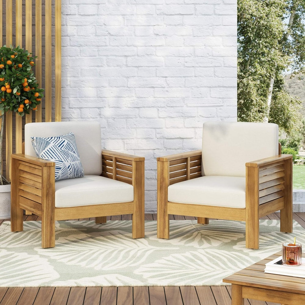 Teak Acacia Wood Loveseat and Coffee Table Set with Cream Cushions