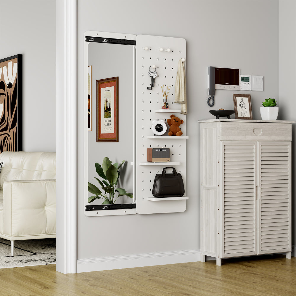 Wall Mounted Full Length Mirror, Full Body Mirror with Shelf, Full Body Mirror with Hook Wall Mounted Mirror with Multifunctional Design Panel, Bedroom/Living Room/Entrance White(47.6*15.7in)