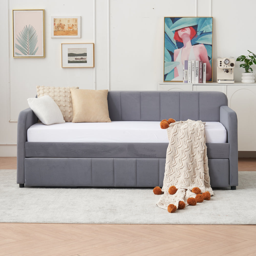 Twin Upholstered Daybed Frame with Trundle, Twin Size Sofa Bed for Bedroom Living Room Guest Room, Wood Slat Support,Grey