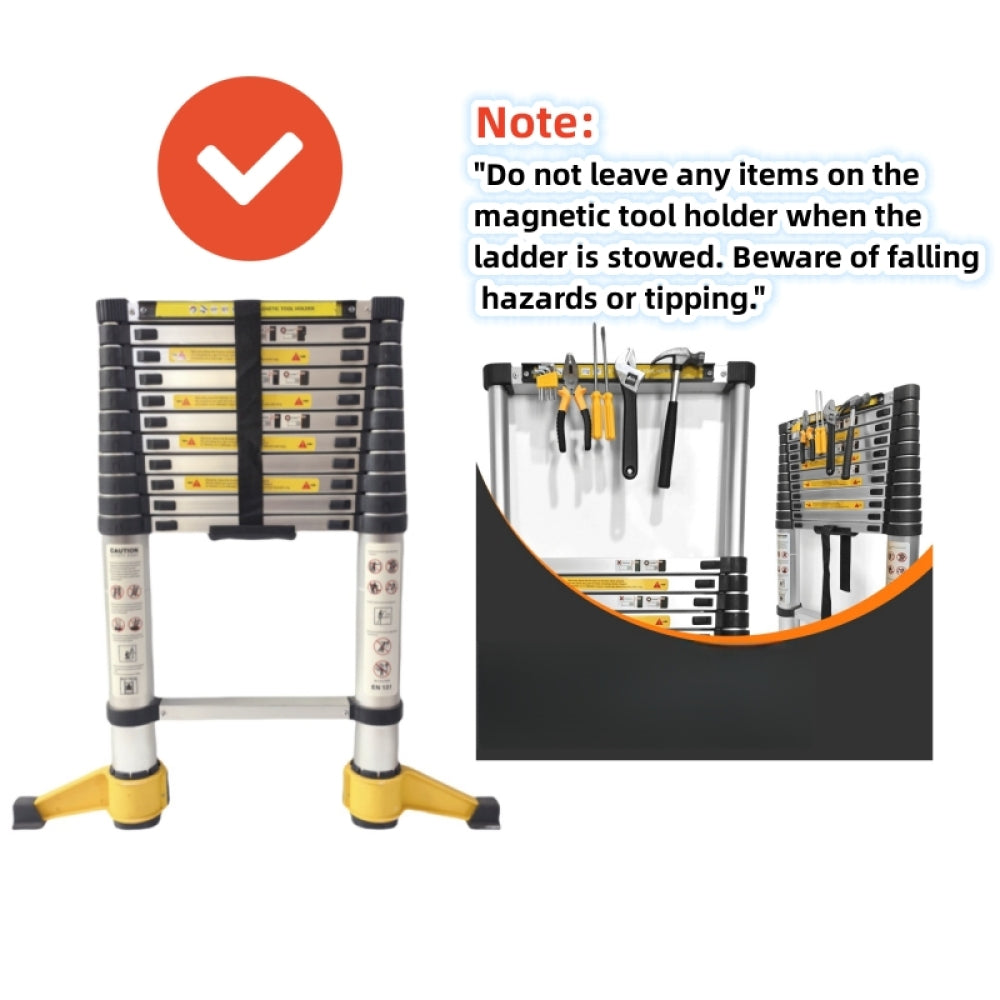 11.5 FT aluminum telescopic ladder, equipped with 360 ° rotatable stabilizer bar and metal tool suction magnetic strip, compact and portable anti slip folding ladder, multi-purpose telescopic ladder