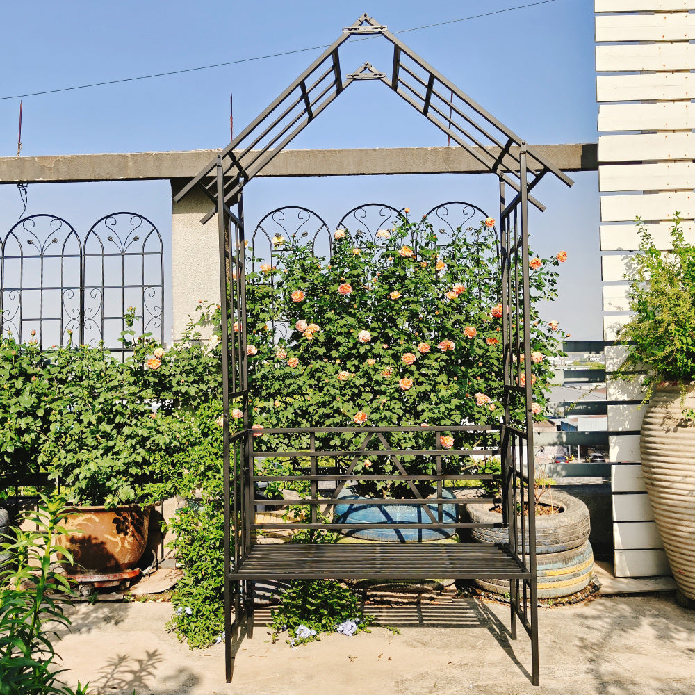 Metal Garden Arch with Bench Turned into Flower Stand W58.07*H97.24 Climbing Plants Support Rose Arch Outdoor Black