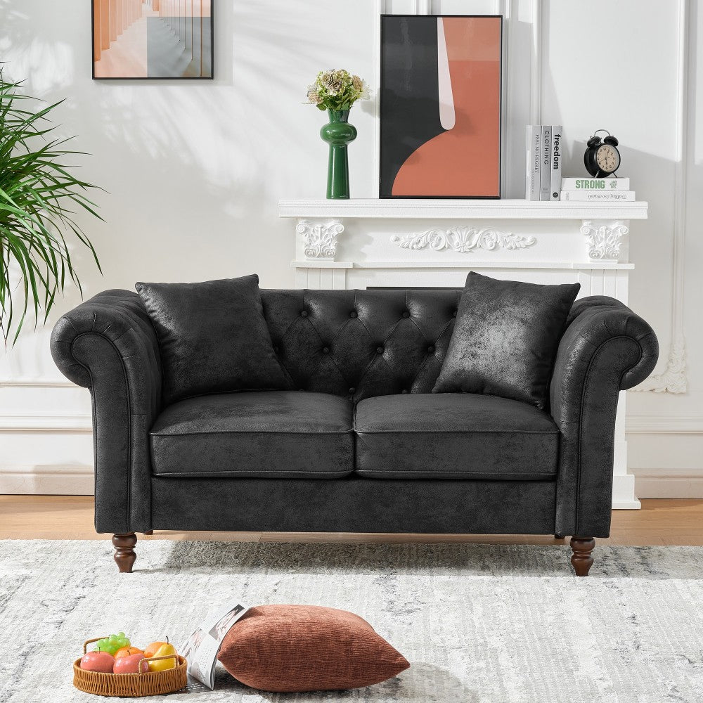 66"Chesterfield ‌Faux Leather Sofa,High-tech Fabric Roll Armrest Sofa,Upholstered Mid Century Modern Couch,2 Seater Couch for Living Room, Office, Apartment, Brown